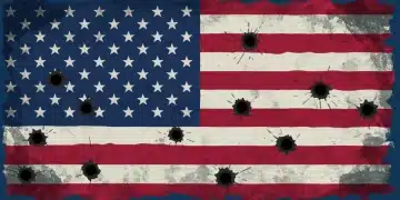 American flag with bullet holes representing gun control debate