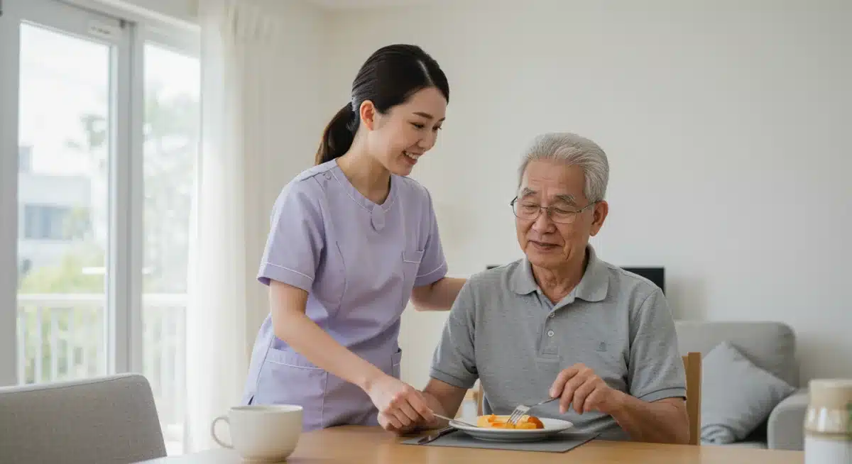 Professional caregiver helping an elderly woman at home, illustrating in-home senior assistance.