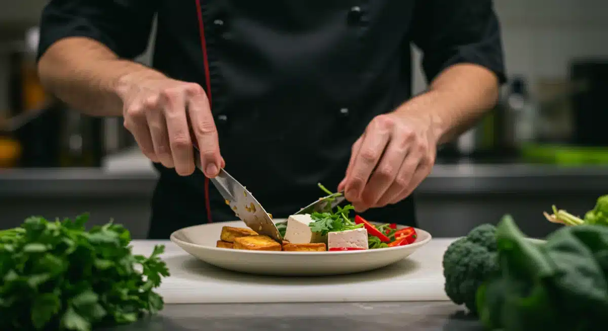 Chef preparing a delicious plant-based meal in a contemporary kitchen.