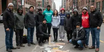 Community leaders and volunteers working together to address homelessness in an urban environment.