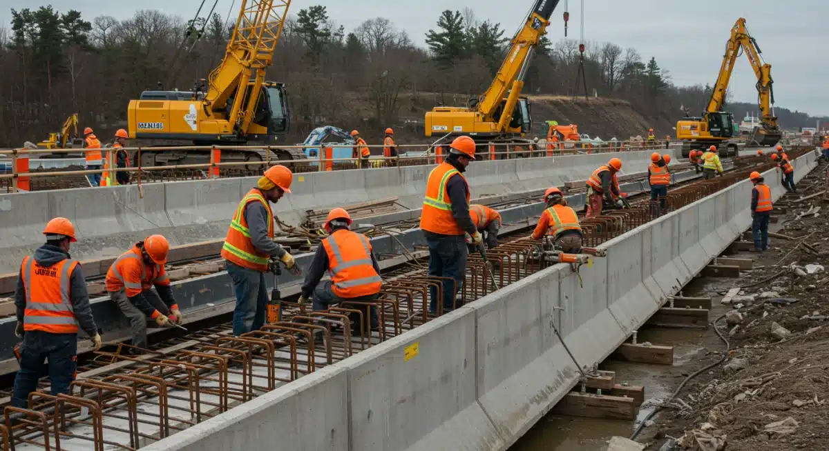 Construction crew building a new bridge, showing infrastructure development