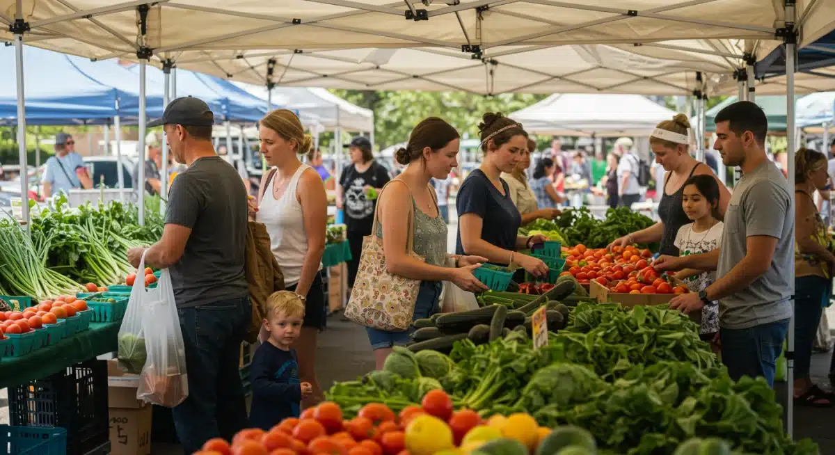 Diverse shoppers at a vibrant local farmers market.
