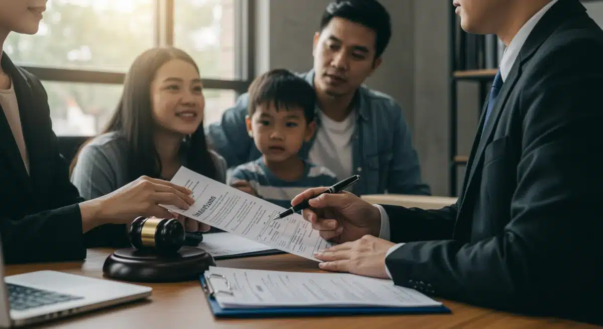 Immigration consultant advising a family with legal documents.