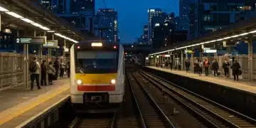 Modern train arriving at a busy city station, representing US public transportation improvements.