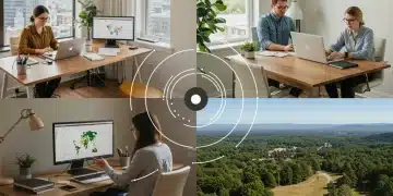 Professionals engaged in remote work across various US settings, highlighting flexibility and modern connectivity.