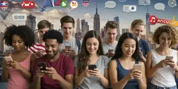 Social Media's Impact on US Culture: Trends & Societal Effects Diverse Americans engaging with social media on smartphones, reflecting its widespread cultural impact.