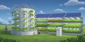 Sustainable urban farm of the future with vertical gardens and advanced technology.