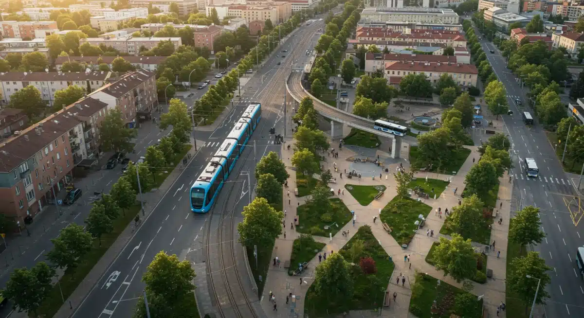 Aerial view of urban area with light rail, bus lanes, and pedestrian paths, showing multimodal transit.