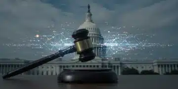 US AI Regulations: What to Expect in Next 5 Years Gavel and AI code symbolizing US AI regulation and policy development.