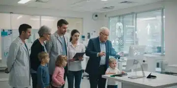 Diverse individuals engaging with digital healthcare information, modern medical facility background, symbolizing accessibility and understanding of new health policies in 2026.